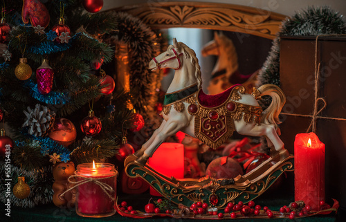 Christmas atmosphere, Holidays vibe, wicca energy magic, Chariot illustration. Christmas eve prediction. Attracting love, dynamic, money and luck into your life. 