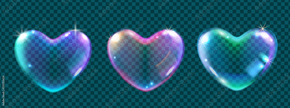 3D heart bubble overlay vector illustration set, glossy love icon, magic Valentine’s Day balloon. Soapy foam transparent wedding shape colorful shiny rainbow ball. Heart bubble abstract design element 3D heart bubble overlay vector illustration set, glossy love icon, magic Valentine’s Day balloon. Soapy foam transparent wedding shape colorful shiny rainbow ball. Heart bubble abstract design element