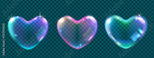 3D heart bubble overlay vector illustration set, glossy love icon, magic Valentine’s Day balloon. Soapy foam transparent wedding shape colorful shiny rainbow ball. Heart bubble abstract design element