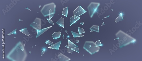 Broken glass vector shatter explosion, 3D splinters on transparent background, sharp ice fragments. Danger flying crystal piece, destroy windshield smithereens concept. Broken glass realistic clipart
