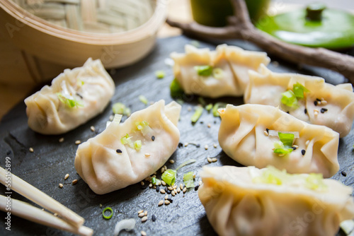 Japanese gyoza. Rice pasta dumplings stuffed with meat, fish or vegetables. They are cooked on the grill or fried.