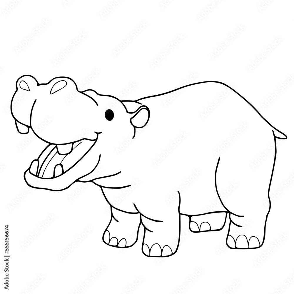 Vector cartoon hippo. Vector illustration for children. Coloring book