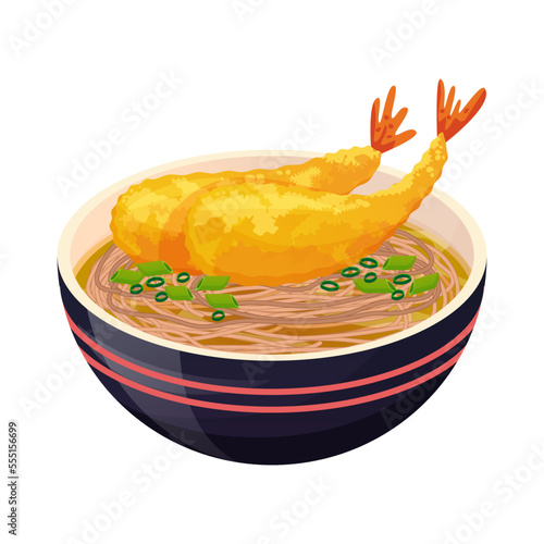 Tempura soba ro Buckwheat noodle in bowl. Asian food. Colorful Vector illustration isolated on white background.