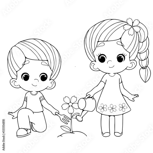 Coloring book kids planting tree vector illustration.