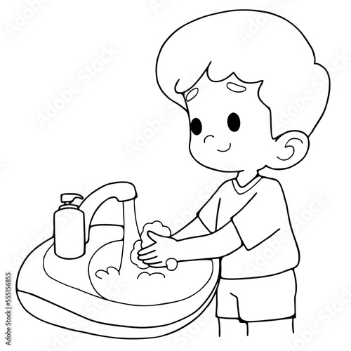 Boy washing hand.vector black and white.coloring book.