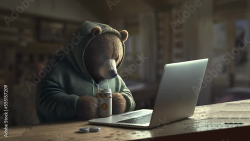 Bear market, a bear waits front of a laptop. Illustration of the bear market, crypto winter, poorly performing cryptocurrency market and stocks.