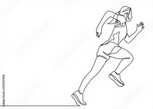 Continuous one drawn silhouette running athlete girl runner