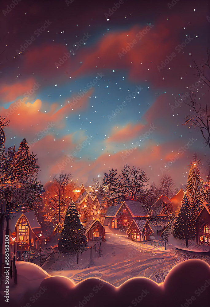 Beautiful little village decorated for Christmas, night winter scene with stars, lights, AI generated image