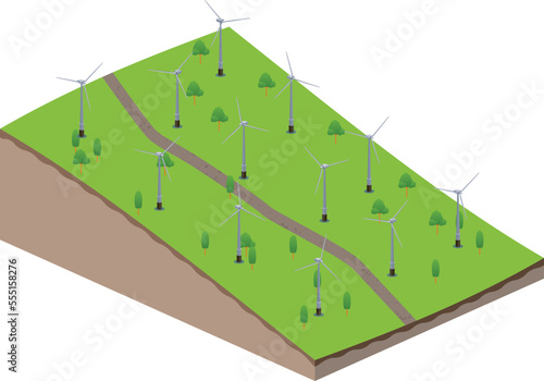 isometric scene of Wind turbines generating electricity in the hill