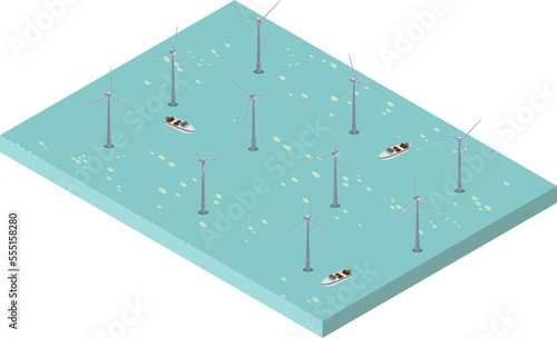 isometric scene of Wind turbines generating electricity and speed boat in the river ocean