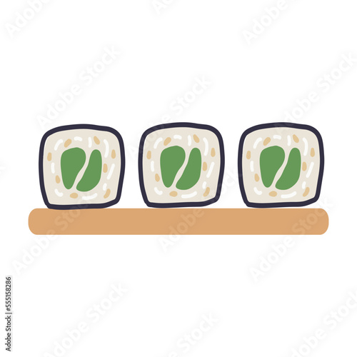 Sushi set with avocado, sesame seeds on wooden plate. Cute hand drawn cartoon illustration for asian food menu, stickers, wall art, restaurant logo