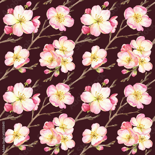 watercolor seamless pattern with branches blooming apple tree © Irina
