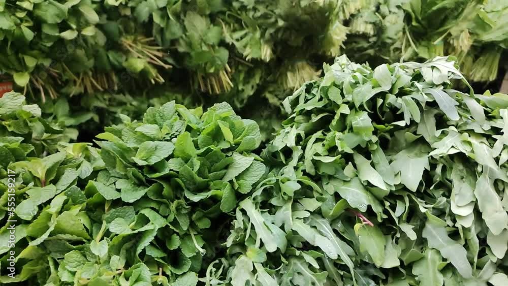 Bunches of mint, lemon balm, arugula, spinach and sorrel on the shelf of a grocery store. Green leafy vegetables and herbs in the supermarket. Healthy eating. Natural food. Close-up Bunches of mint, lemon balm, arugula, spinach and sorrel on the shelf of a grocery store. Green leafy vegetables and herbs in the supermarket. Healthy eating. Natural food. Close-up