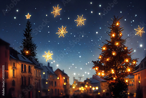 Town with a Christmas tree, stars and snowflakes in the sky, AI generated image