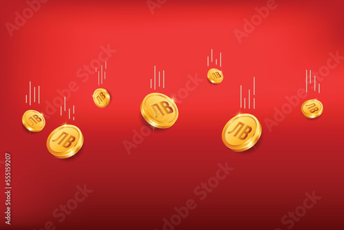 Lev, Tenge or Som gold coins falling from top on red background. Realistic 3D gold coins. Ecommerce free credit concept.