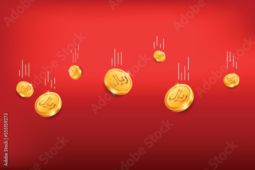 Riyal or Rial gold coins falling from top on red background. Realistic 3D gold coins. Ecommerce free credit concept.