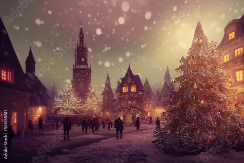 Beautiful town decorated for Christmas with a Christmas tree and people on the square  snowall  twilight winter scene  AI generated image