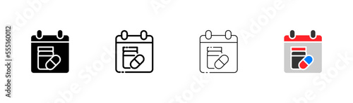 Course of treatment flat icons set. Calendar, term, treatment, medicines, doctor, prescription, referral, certificate, immunity, hospital, patient. Health concept. Vector flat icons set