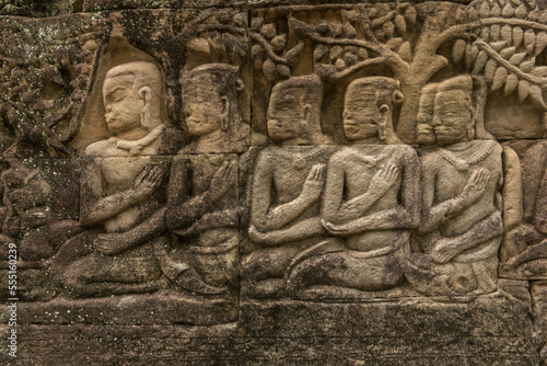 Bayon temple bas-relief of five seated men, Angkor Wat; Siem Reap, Siem Reap Province, Cambodia