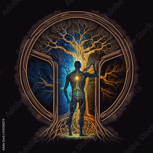 Illustration of humankind enters to the mystical portal made of tree of life. Concept of nature and humankind connection