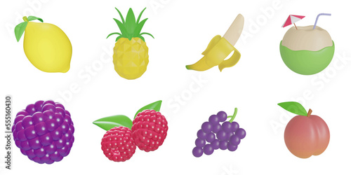 Fototapeta Naklejka Na Ścianę i Meble -  3d rendering. fruits icon set on a white background.lemon,pineapple,banana,coconut,raspberry,grape,peach,cherry