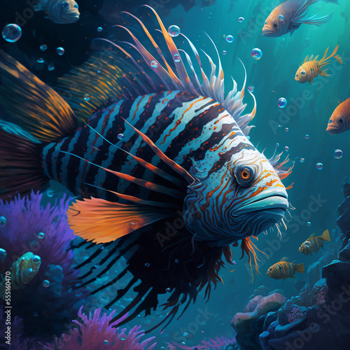 Illustration of a lion fish underwater. A venomous marine fish native to the Indo-Pacific. 