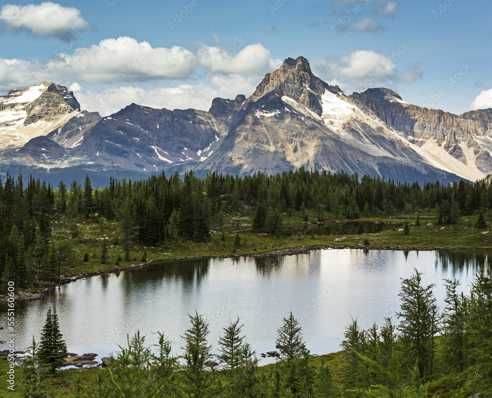 Alpine lake in a mountain meadow with mountain range, blue sky and clouds in the background; British Columbia, Canada Alpine lake in a mountain meadow with mountain range, blue sky and clouds in the background; British Columbia, Canada