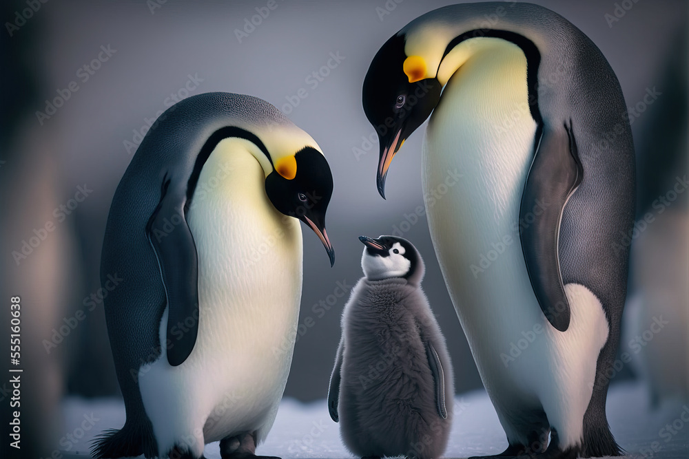 Obraz premium Emperor Penguins with chick. Digital artwork