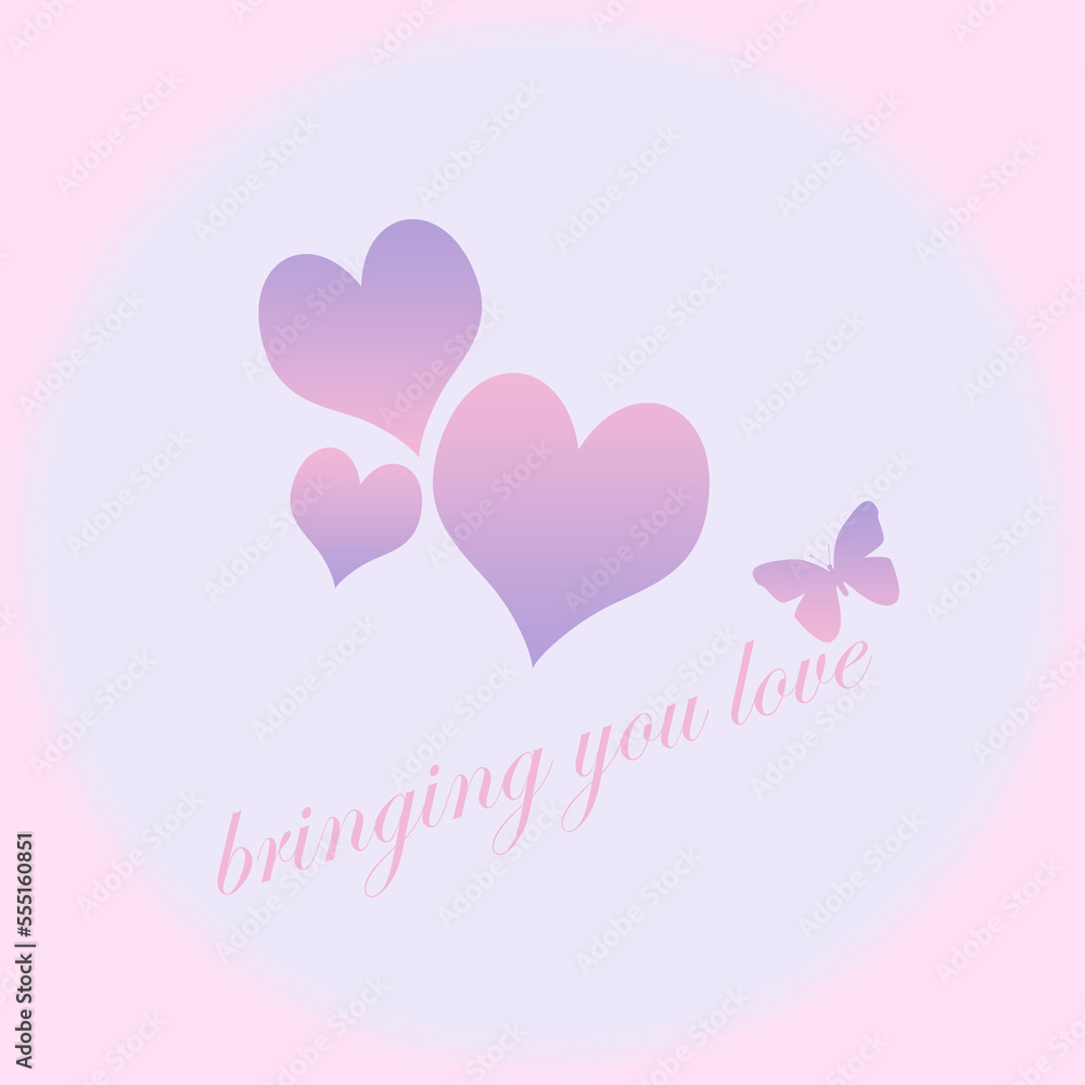 hearts and butterfly on square background in pink and purple with vignette