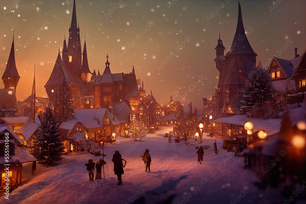 Beautiful old town decorated for Christmas, twilight winter scene with snowfall, AI generated image