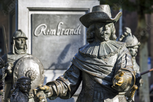 Close-up of a bronze statue of Rembrandt in city square (the Night Watch); Amsterdam, Netherlands photo