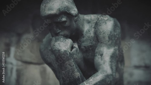 Thinking man statue. 3D animation of 100 year old statue Thinker by Auguste Rodin.