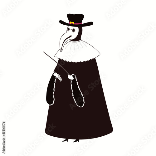 Person in traditional Venetian carnival costume doctor plague, isolated on white. Hand drawn cartoon character vector illustration. Carnival of Venice concept, design element for poster, flyer, banner