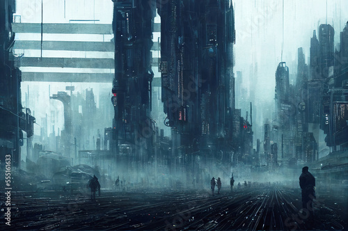 Gloomy view of a futuristic dystopian city with towering buildings and people walking along the streets below. Generative AI.