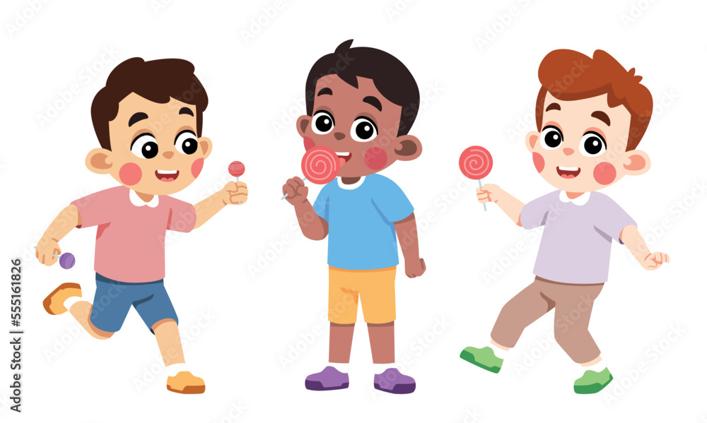 Three Kids Eating Candy and Lollypop