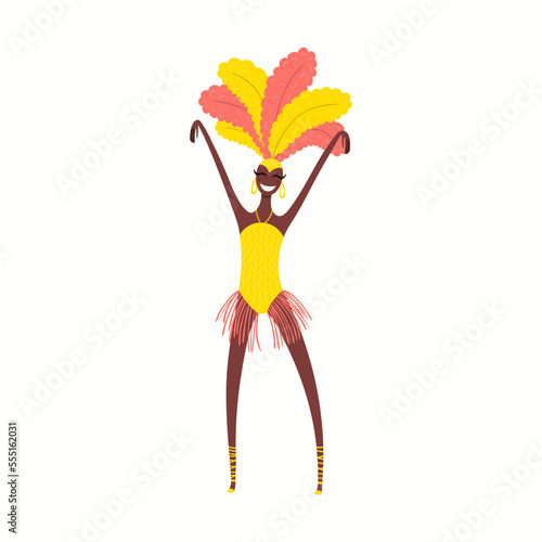 Girl, woman dancer in carnival costume, bikini with feathers, isolated on white. Hand drawn character vector illustration. Brazilian, Colombian carnival concept. Poster, flyer, banner design element