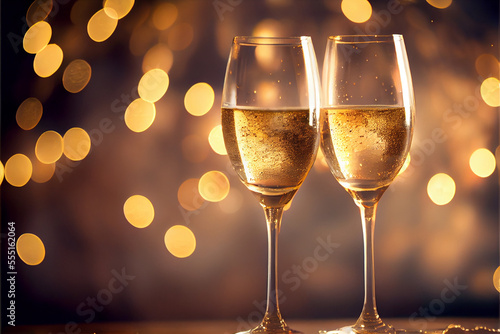 Two champagne glasses on a bokeh light background, ready for New Year celebrations.