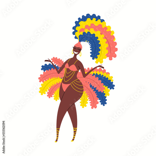 Girl, woman dancer in carnival costume, bikini with feathers, isolated on white. Hand drawn character vector illustration. Brazilian, Colombian carnival concept. Poster, flyer, banner design element