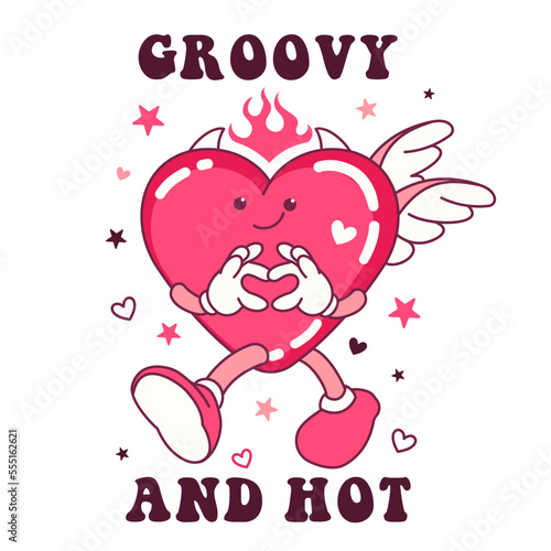 Groovy print, sticker with devil heart. Cartoon lovely character with wings and love gesture. Fun happy Valentines day concept with fun slogan. Retro 60s 70s style. Funky cute vector illustration