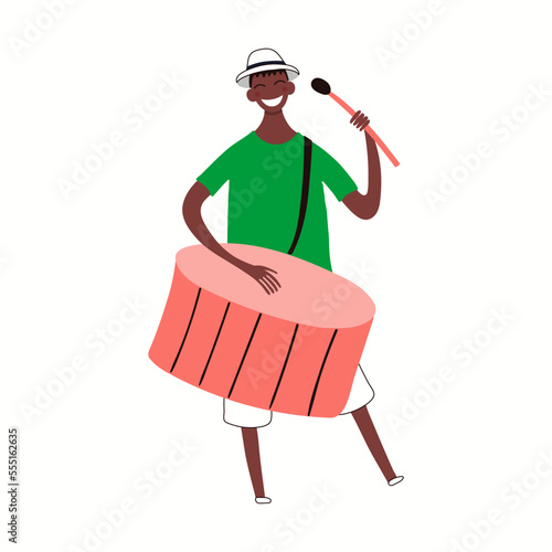 Brazilian carnival drummer playing drum, musician, isolated on white. Hand drawn cartoon character vector illustration. Rio de Janeiro carnival concept, design element for poster, flyer, banner