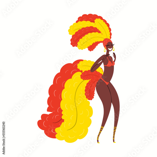 Girl, woman dancer in carnival costume, bikini with feathers, isolated on white. Hand drawn character vector illustration. Brazilian, Colombian carnival concept. Poster, flyer, banner design element
