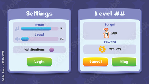 Settings and Level menu pop up with buttons and icons. Set of user interface GUI to build 2D games. Can be used in mobile or web or video games