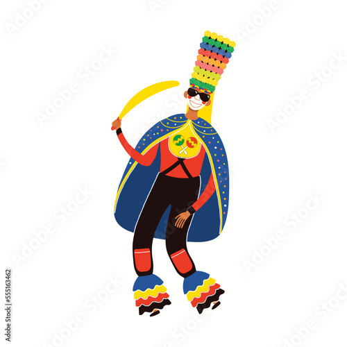 Man in Colombian carnival traditional Congo Grande dance costume, isolated on white. Hand drawn cartoon character vector illustration. Barranquilla concept, design element for poster, flyer, banner