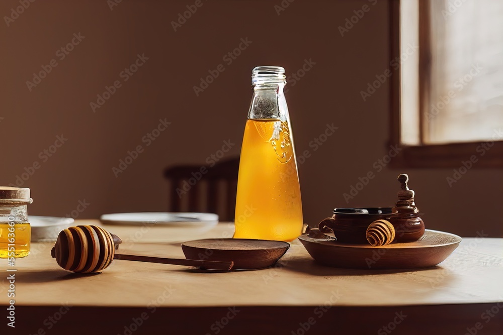 Jar of honey and spoon on table, Food Photography