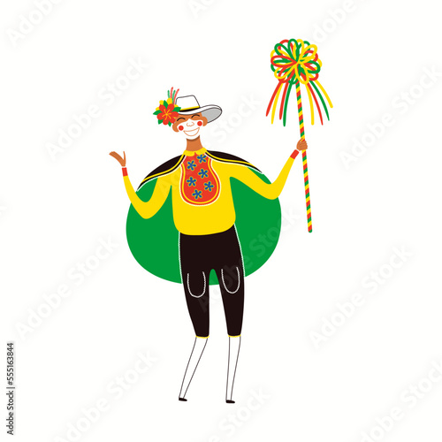Man in Colombian carnival traditional Garabato dance costume, isolated on white. Hand drawn cartoon character vector illustration. Barranquilla concept, design element for poster, flyer, banner