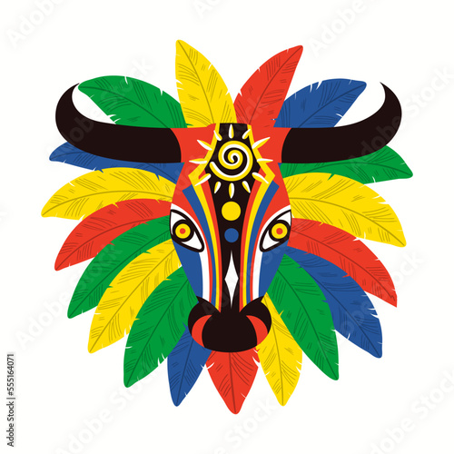Colombian carnival traditional bull mask with feathers, isolated on white. Hand drawn cartoon vector illustration. Barranquilla, Colombia travel concept, design element for poster, flyer, banner