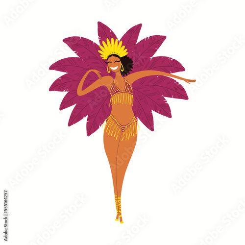 Girl, woman dancer in carnival costume, bikini with feathers, isolated on white. Hand drawn character vector illustration. Brazilian, Colombian carnival concept. Poster, flyer, banner design element