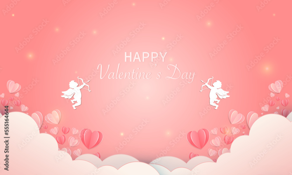 Valentines day with Cupid in clouds, paper cut decoration concept elements, vector illustration. Hearts, happy love angel for Valentines day holidays, romantic Paper art.