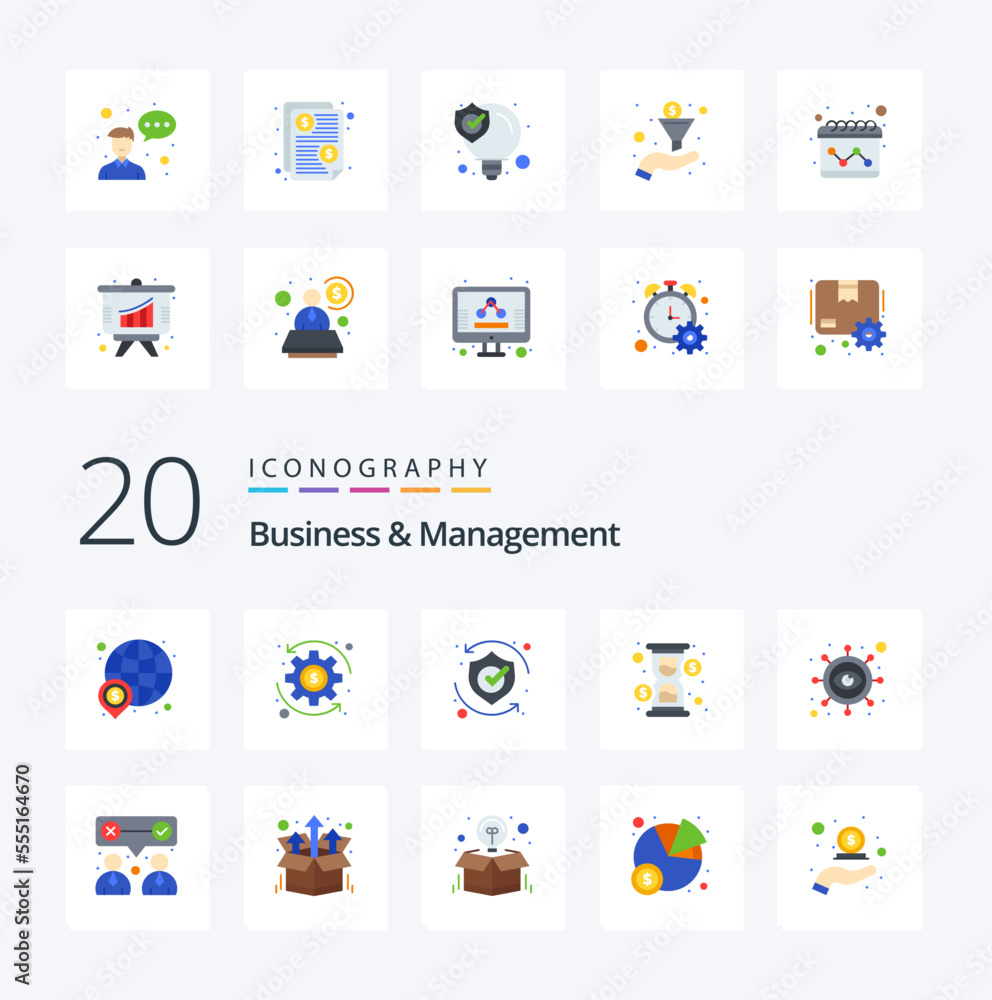 20 Business And Management Flat Color icon Pack like business loading protect hour solution