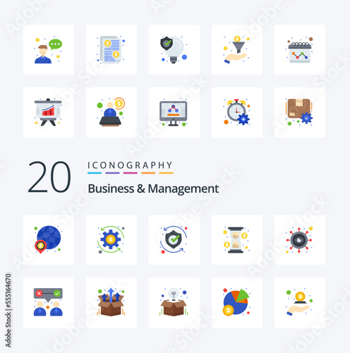 20 Business And Management Flat Color icon Pack like business loading protect hour solution © Muhammad